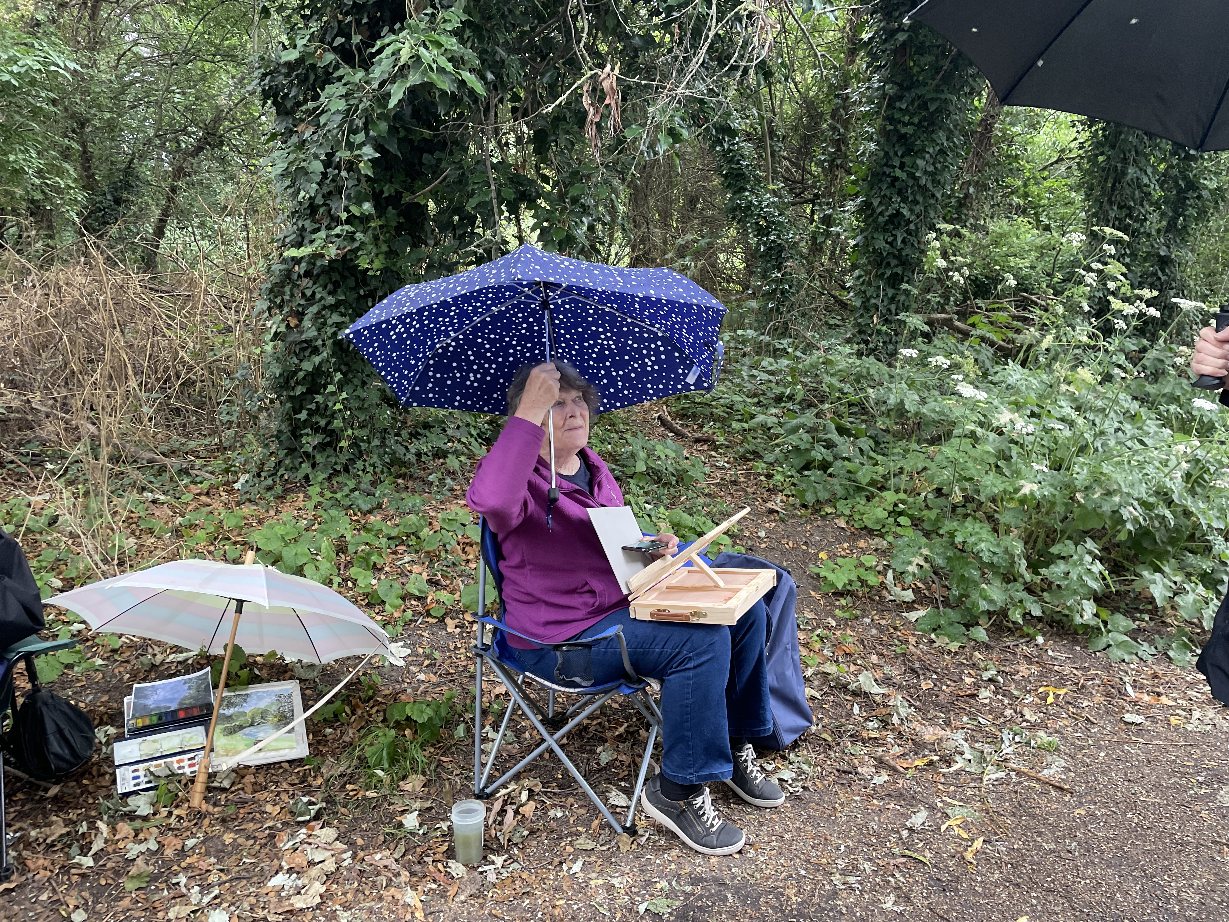 An artists sits on a camp chair on a path with trees behind her with her easel on her lap holding a blue umbrella over her head