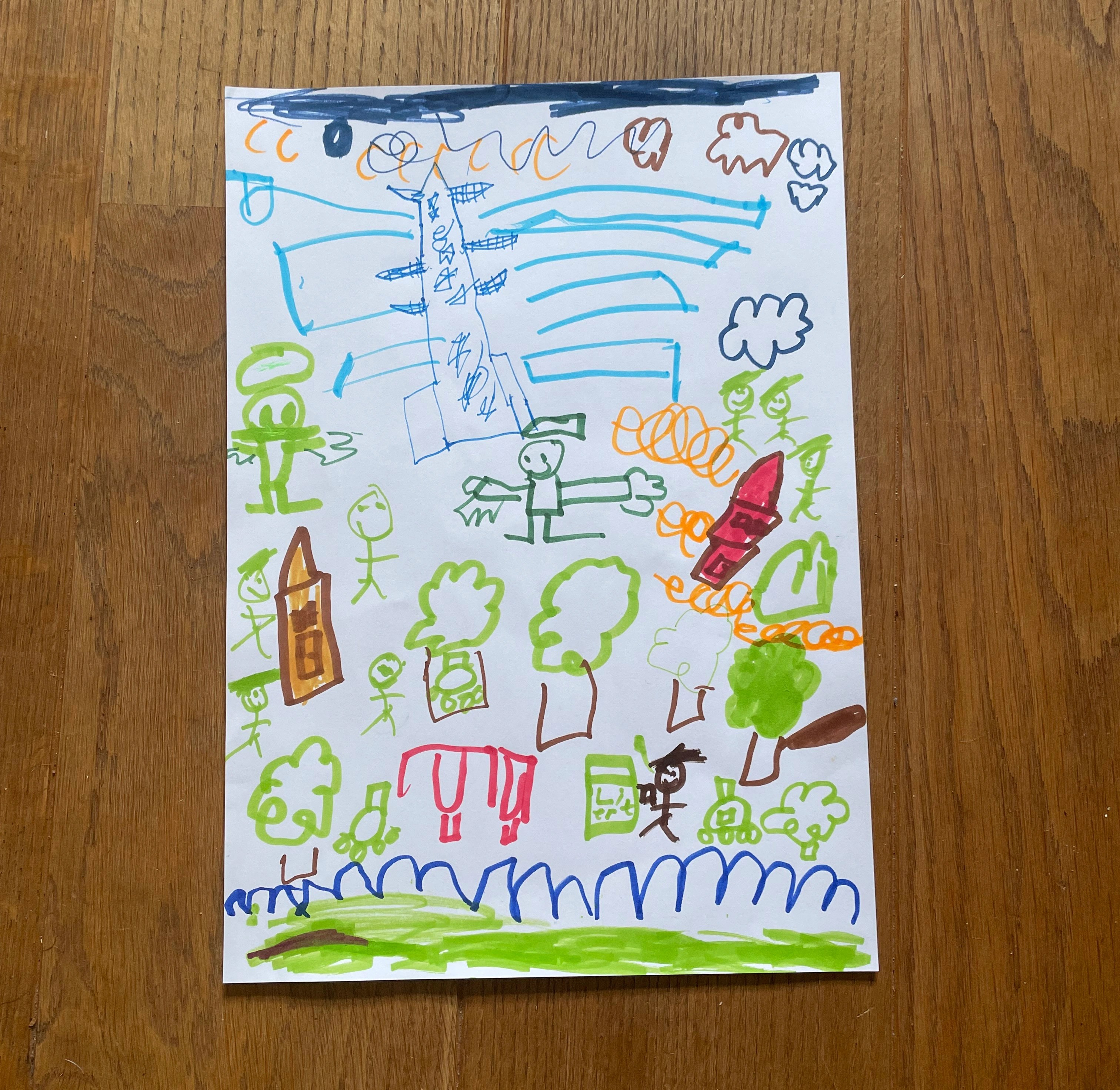 Blue outlined pylon dominates the scene with people and trees picked out in other colours.