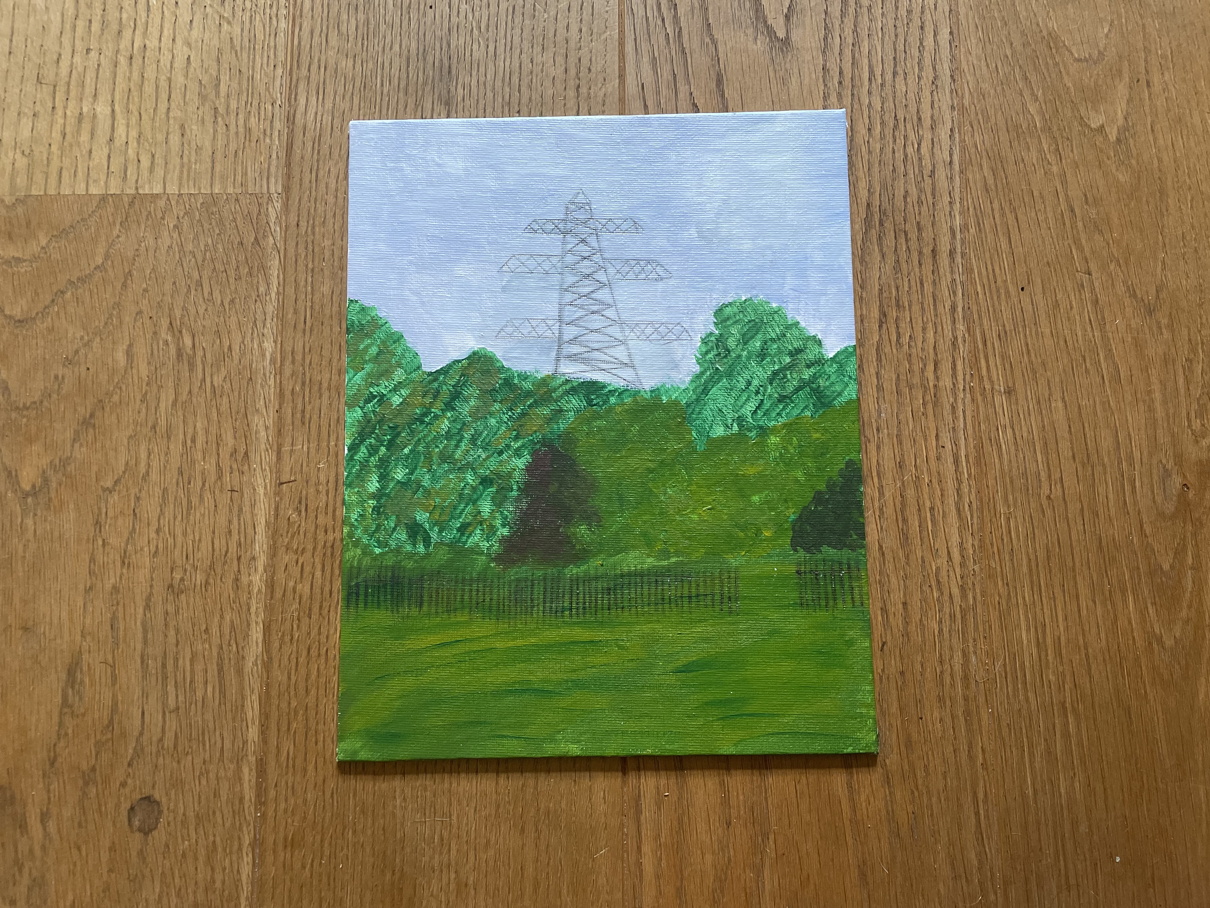 A pencilled pylon rises into a blue sky behind bushes and trees of various greens. The foreground is grass with a fence between it and the bushes.