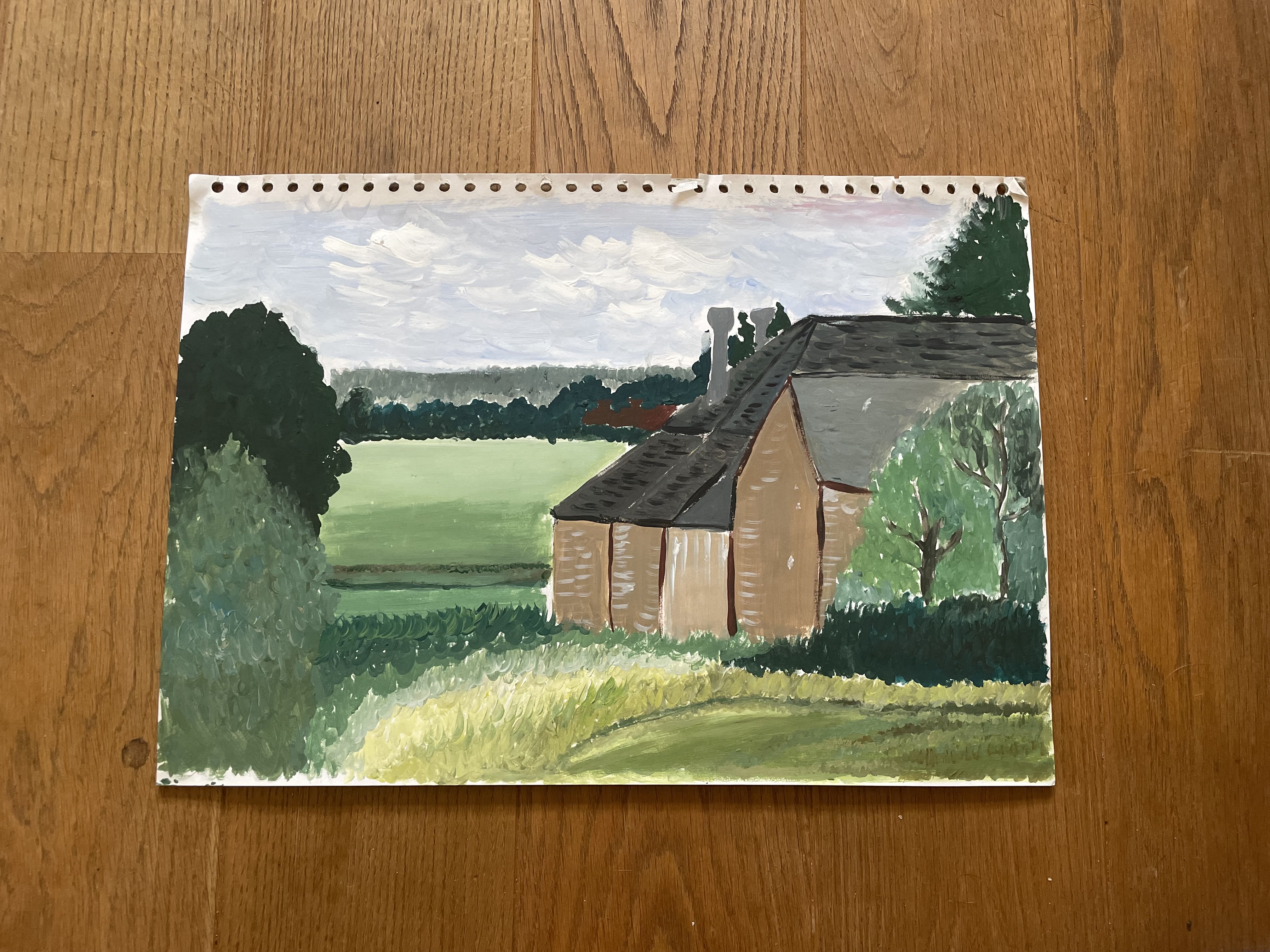Green and yellow grass in the foreground with trees to the left and the right framing the back of the cottage to the right and a vista towards the skyline.