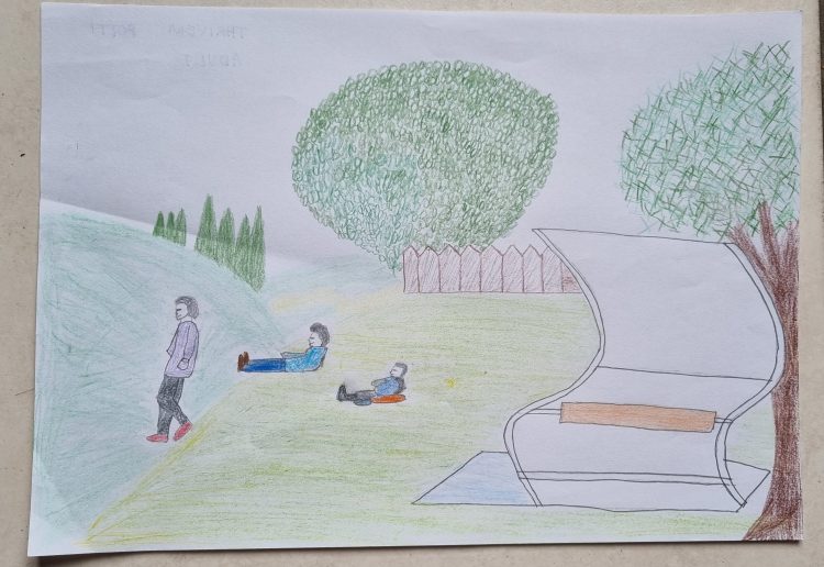 Pencil drawing of teenagers relaxing by the shelter in the park