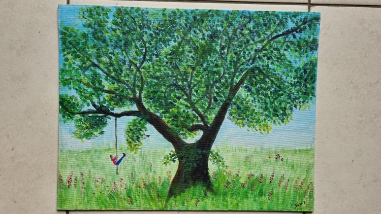 Painting of someone swinging on a rope swing attached to a big oak tree
