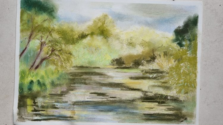 Pastel picture of the river Wandle showing both banks with delicate green foliage.