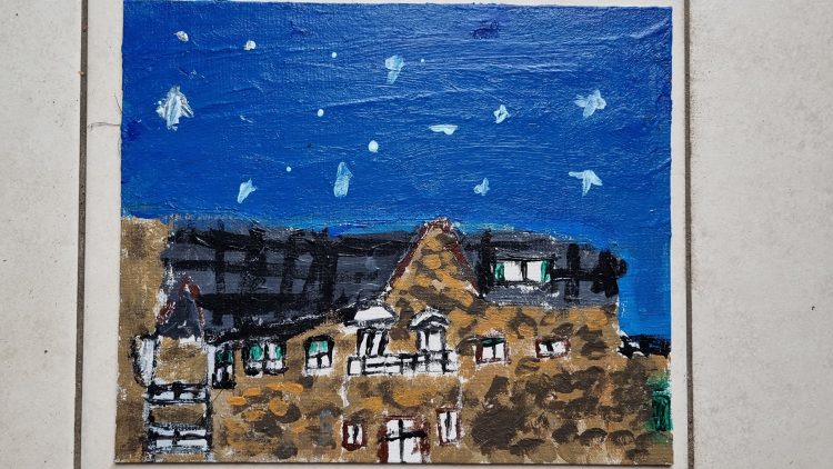 Acrylic painting of night sky over a rooftop with stars