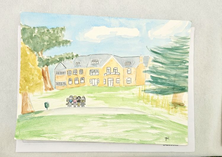 Bishopsford House in pencil and watercolour framed by two cedars. Four people sit on the bench in front of the house with a bin to the left of the composition.