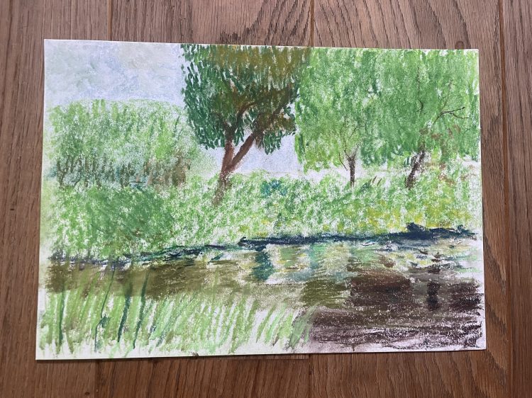 Painting of river with trees at its edge