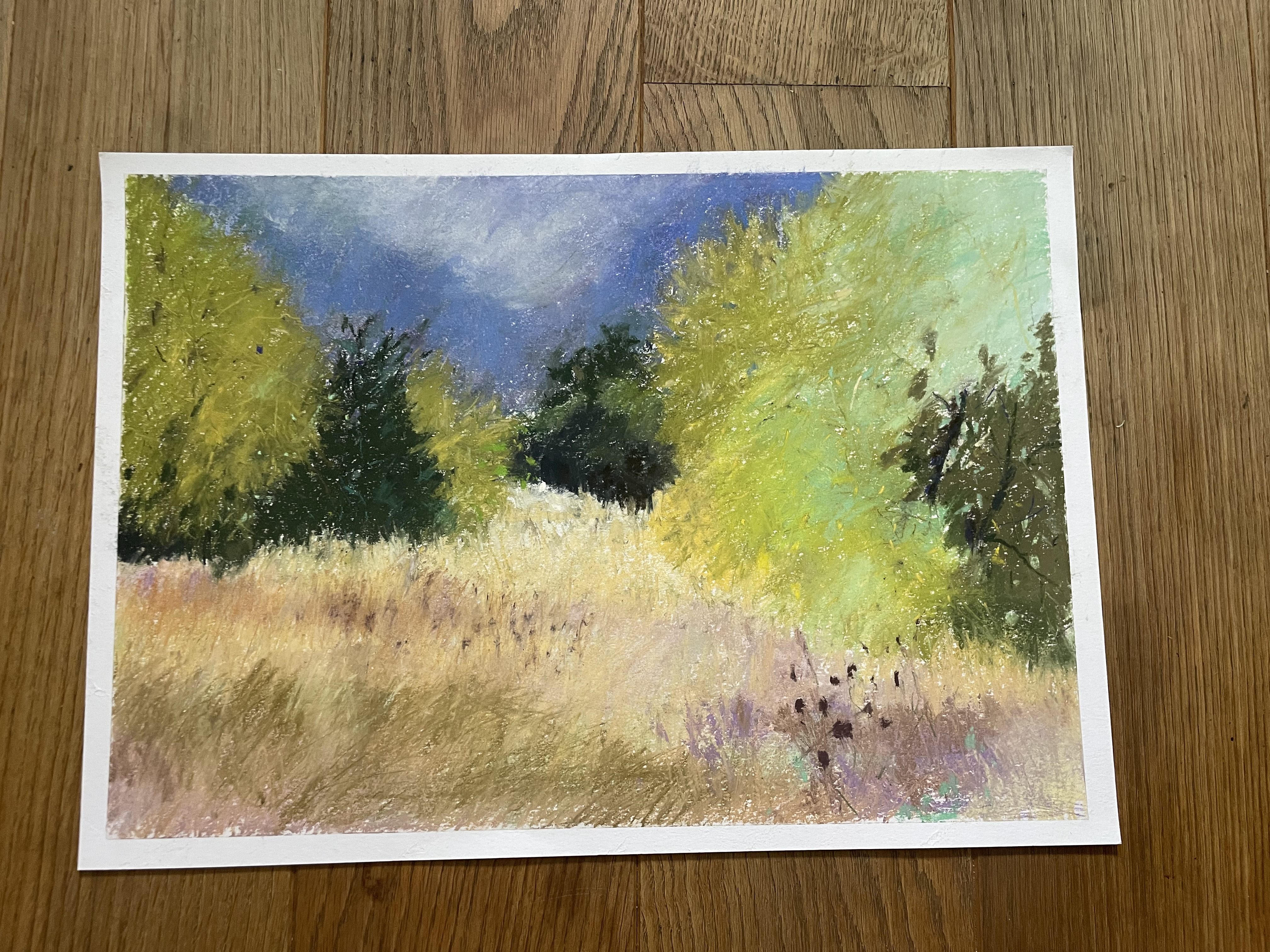 Pastel composition of bushes against grass with a dark blue sky