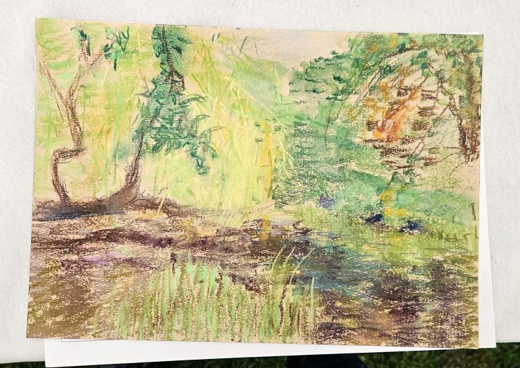 Pastel picture of the river bank overhung with trees and foliage