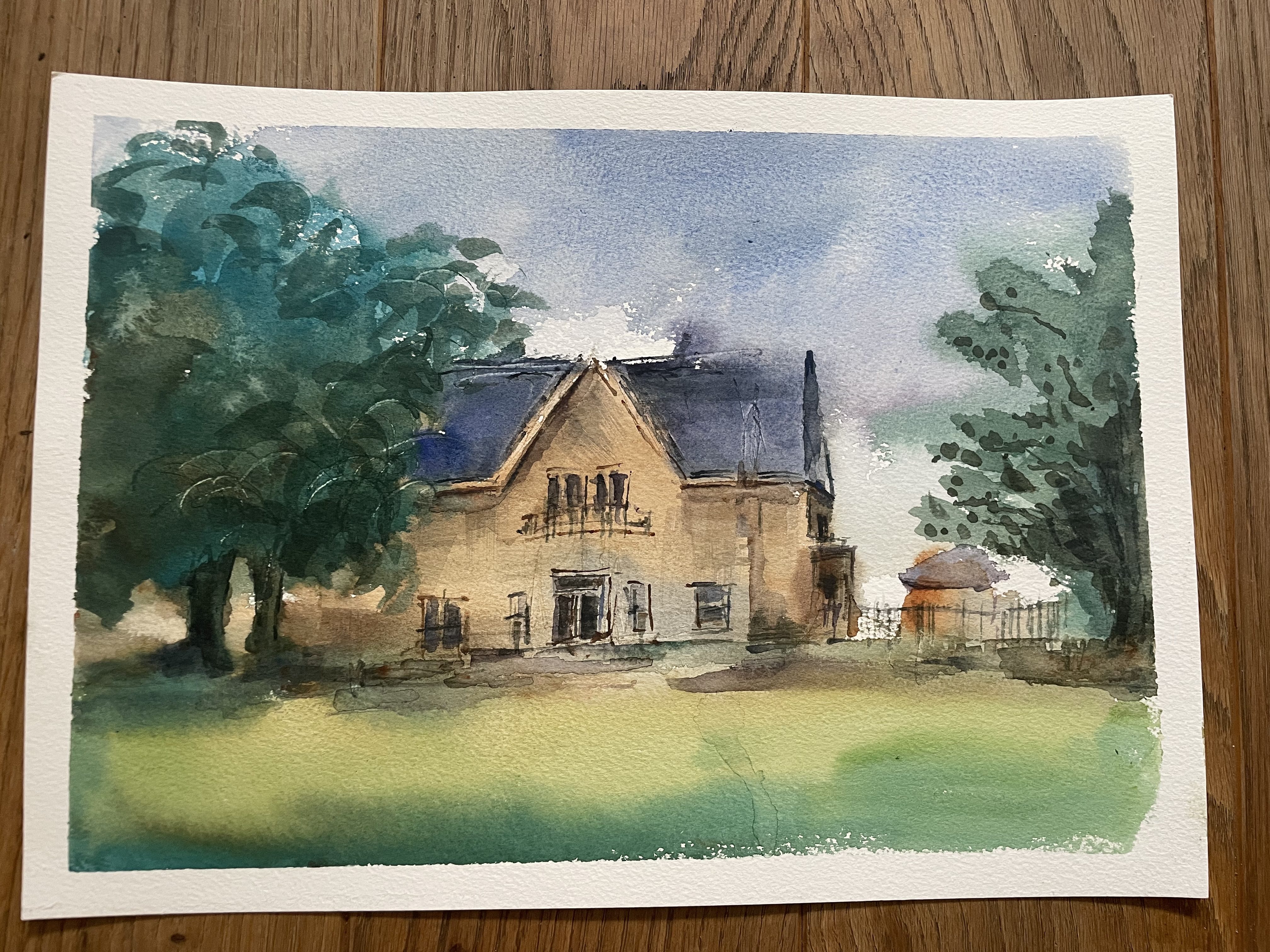 Water colour composition of Bishopsford House framed by trees