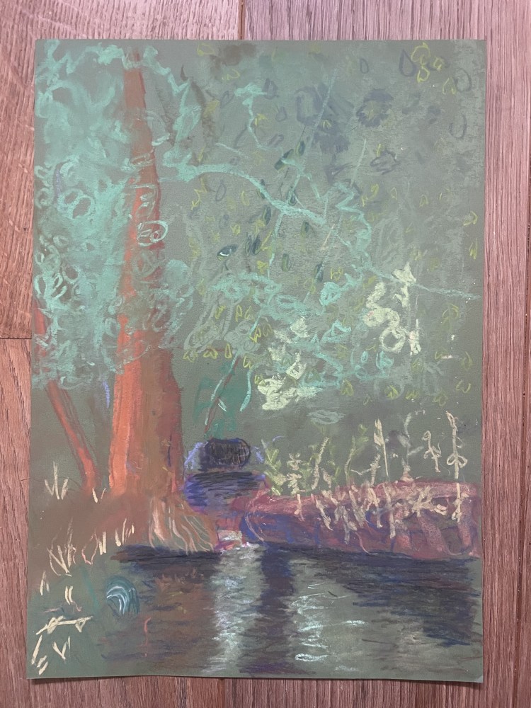 Colourful pastel of a riverside reflecting on the water and the suggestion of a face peeping out from the foliage.