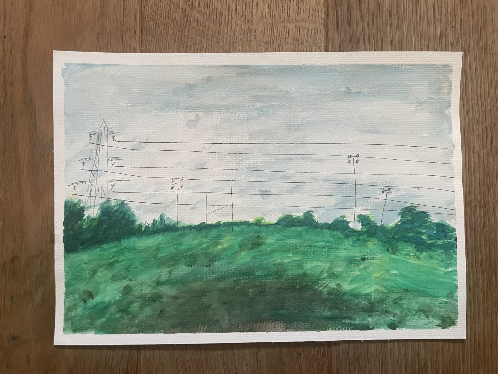 Pylon cables stretch across a grey sky above a hedgeline with rugby goals. A sense of racing wind and a blustery day