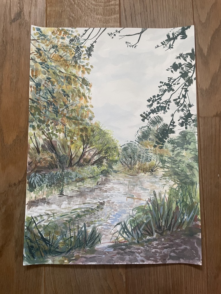 Delicately painted view up river of stream with water weed drifting in the middle and banks lined with trees and reeds.