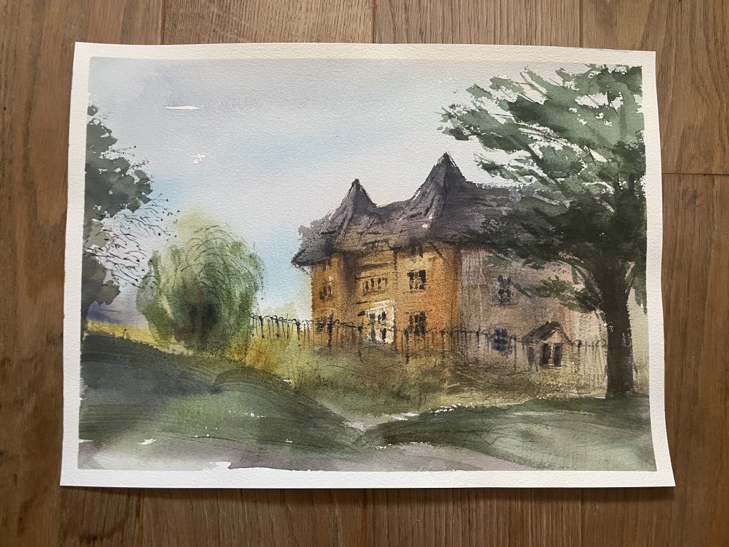 Pastel picture of a Bishopsford House small building with two turrets nestling among the trees and landscape