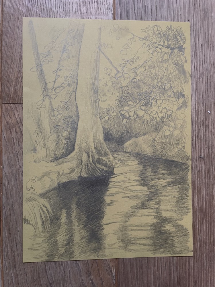 Haunting pencil sketch of a tree over a bend in the river with delicate rippling reflections in the water.